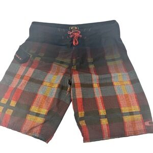 Oakley Mens‎ Plaid Board Shorts Swim Trunks Black Red Yellow Gray Size 34